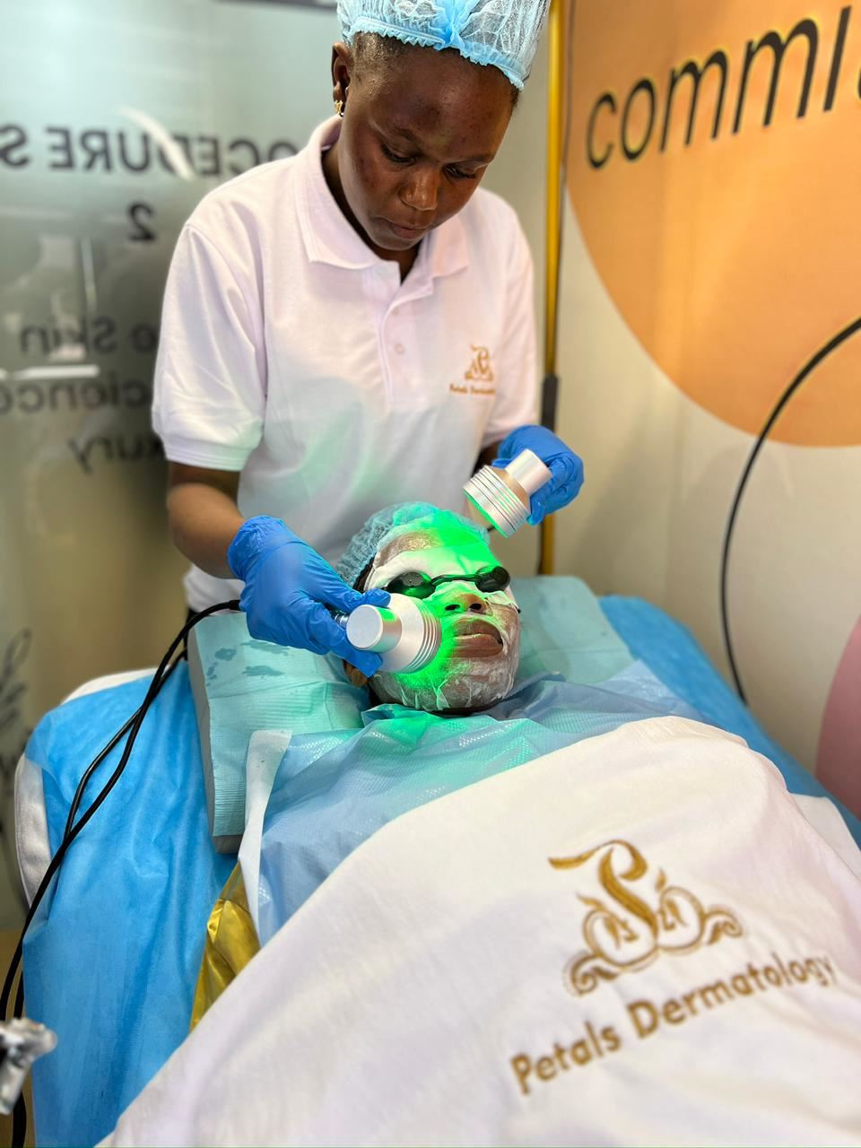 An LED light facial in a Petals Dermatology treatment room